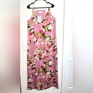 La Selva Women's Silk Floral  Maxi Dress  Slit Sides Strapy Sleeve Lightweight S